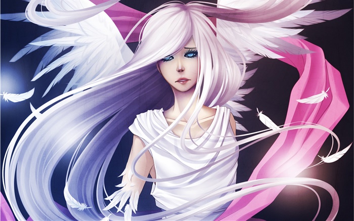흰 머리 애니메이션 소녀, 천사, 날개, 깃털 배경 화면 그림