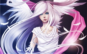 흰 머리 애니메이션 소녀, 천사, 날개, 깃털 HD 배경 화면