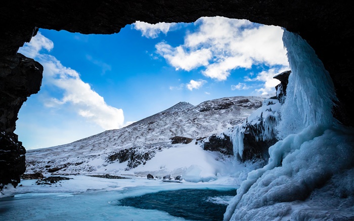 겨울, 눈, 얼음, 동굴, 산, 구름, 푸른 하늘 배경 화면 그림
