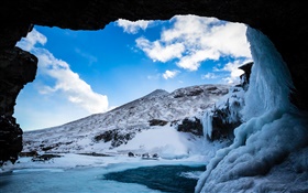 겨울, 눈, 얼음, 동굴, 산, 구름, 푸른 하늘 HD 배경 화면