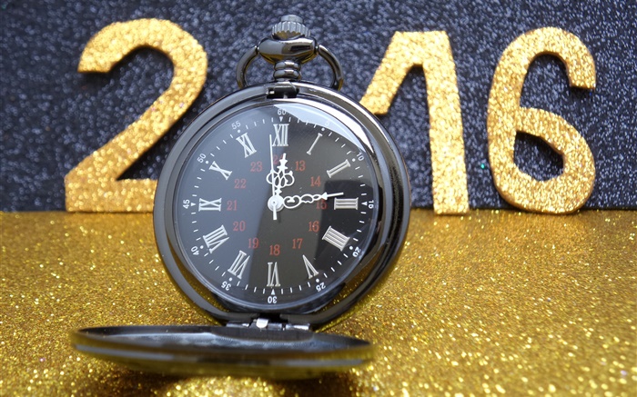 2016 해피 뉴 이어, 황금 반짝이, 시계 배경 화면 그림