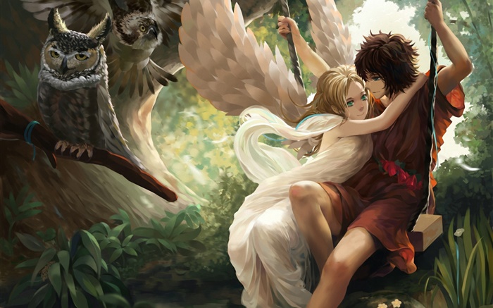 애니메이션 천사 소녀, 날개, 소년, 스윙, 올빼미 배경 화면 그림