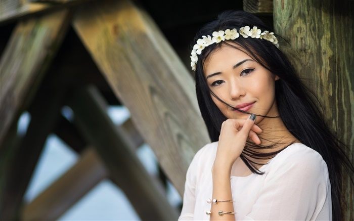 아시아 여자, 긴 머리, 환, 바람, 여름 배경 화면 그림