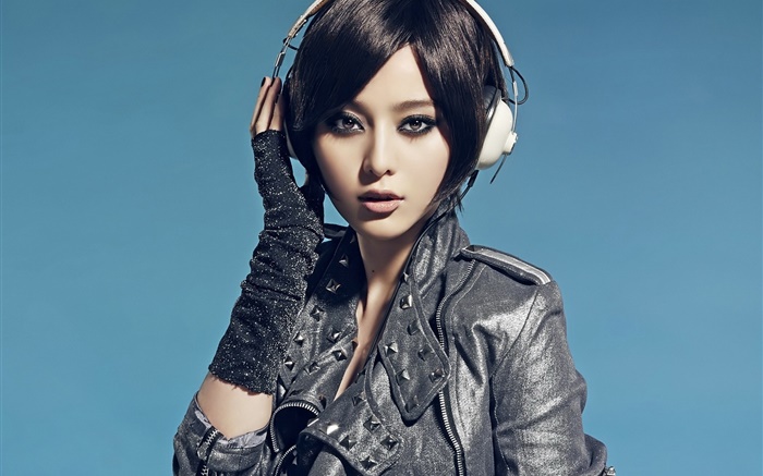 아시아 여자, 모양, 헤드폰, 파란색 배경 배경 화면 그림