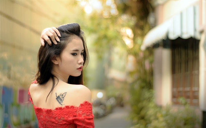 아시아 여자, 문신, 빨간 드레스, 돌아 보면 배경 화면 그림