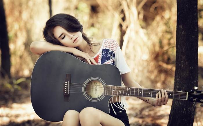 아시아 기타 소녀, 음악, 휴식 배경 화면 그림