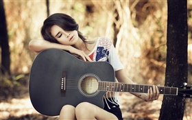 아시아 기타 소녀, 음악, 휴식 HD 배경 화면