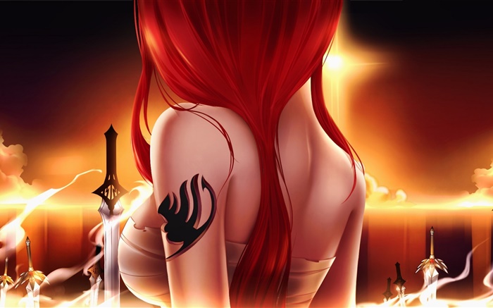 페어리 테일, 애니메이션 소녀, 빨간 머리, 칼, 다시보기 배경 화면 그림