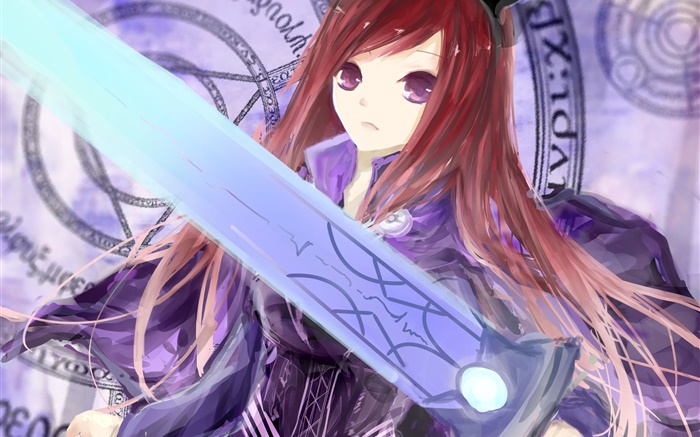 페어리 테일, 빨간 머리 소녀, 칼, 애니메이션 배경 화면 그림