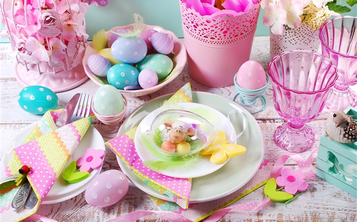 행복한 부활절, 장식, 다채로운 계란, 컵, 꽃, 봄 배경 화면 그림