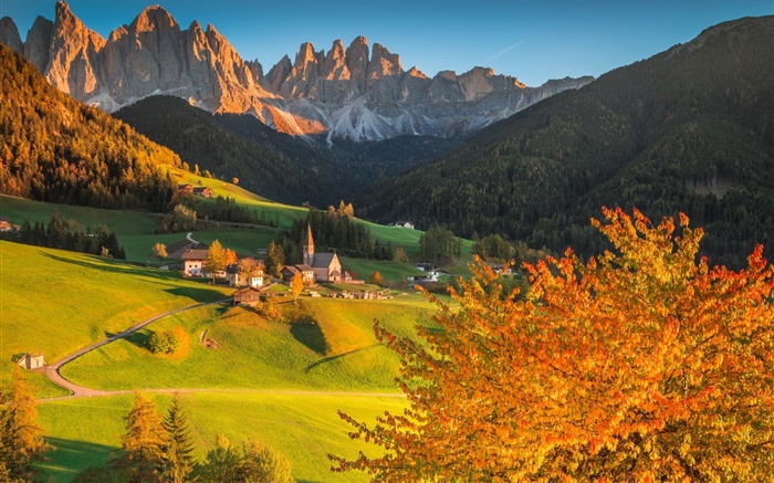 이탈리아, 숙박료, 산, 숲, 나무, 집, 일몰, 가을 배경 화면 그림