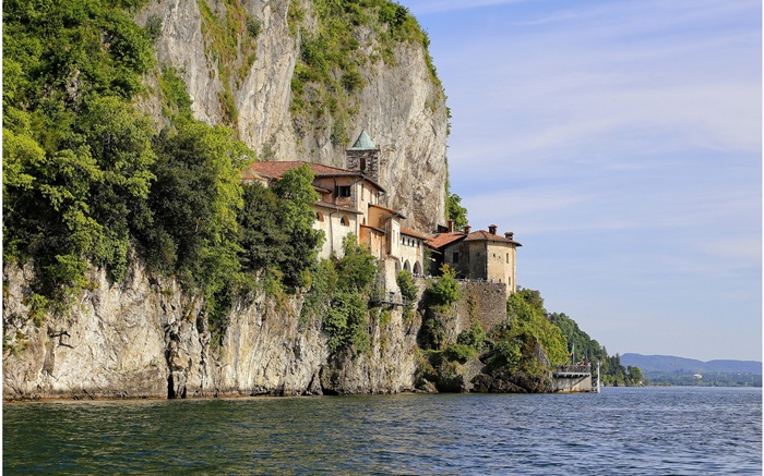 이탈리아, 호수 Maggiore, 바위, 나무, 산, 집 배경 화면 그림