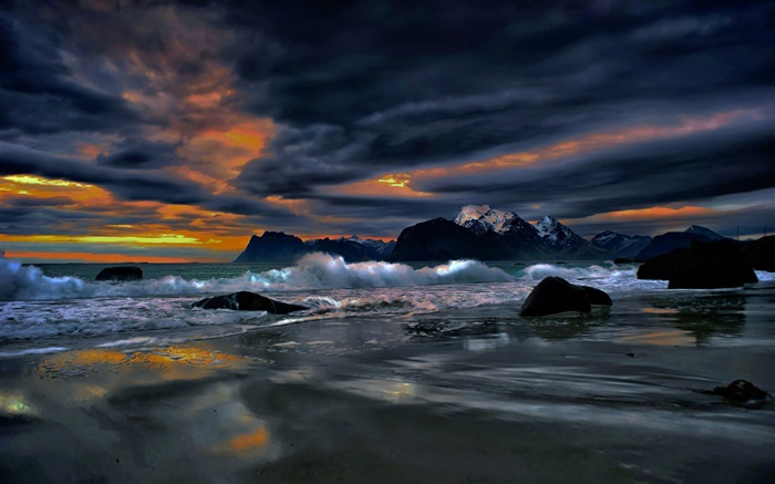 로 포텐 제도, 노르웨이, 해안, 해안, 바다, 돌, 저녁, 구름 배경 화면 그림