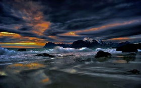 로 포텐 제도, 노르웨이, 해안, 해안, 바다, 돌, 저녁, 구름 HD 배경 화면