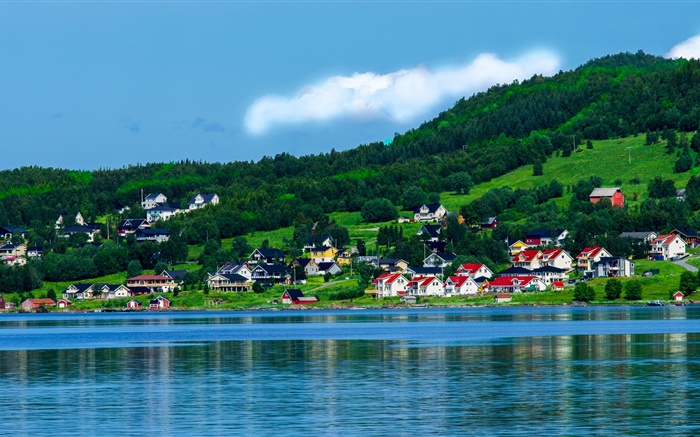 노르웨이, 베이, 집, 나무, 산, 푸른 하늘, 구름 배경 화면 그림