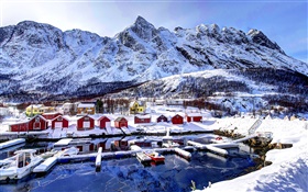 겨울, 눈, 베이, 산, 집, 보트 노르웨이