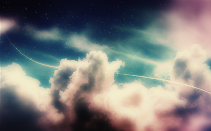 하늘, 구름, 빛의 라인, 별, 창조적 인 디자인 배경 화면 그림