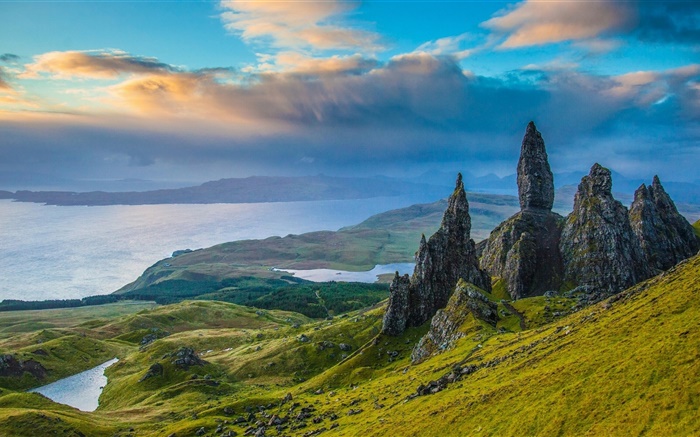 스카이, 스코틀랜드, 바위, 계곡, 호수, 구름, 황혼 배경 화면 그림