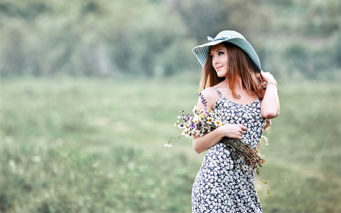 여름 소녀, 모자, 꽃 배경 화면 그림