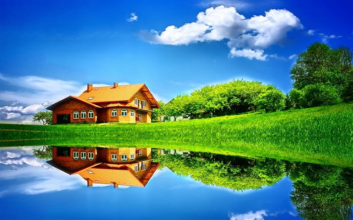 여름, 호수, 집, 나무, 잔디, 물 반사 배경 화면 그림