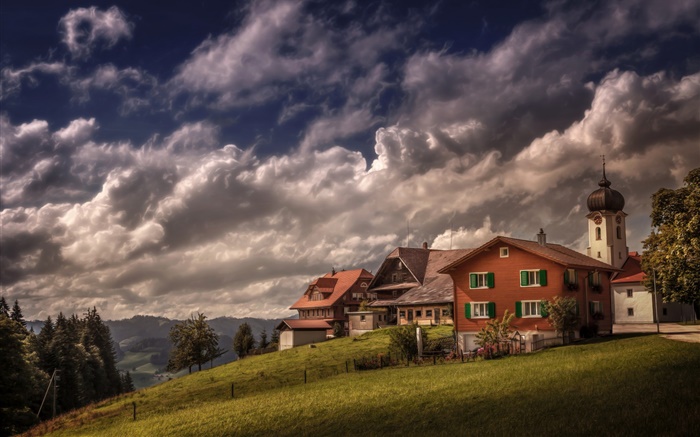 스위스, Heiligkreuz, 집, 경사, 나무, 구름 배경 화면 그림