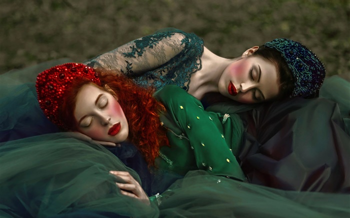 두 여자, 복고 스타일을 잠 배경 화면 그림