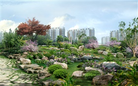 3D 설계, 도시 공원, 집, 돌, 꽃, 잔디 HD 배경 화면