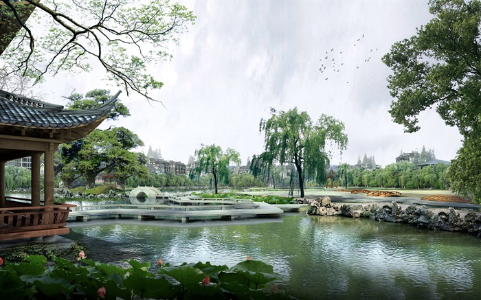 3D 설계, 공원, 호수, 정자, 나무, 다리 배경 화면 그림