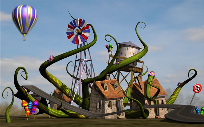 3D 집, 집, 풍차, 도로, 풍선 배경 화면 그림