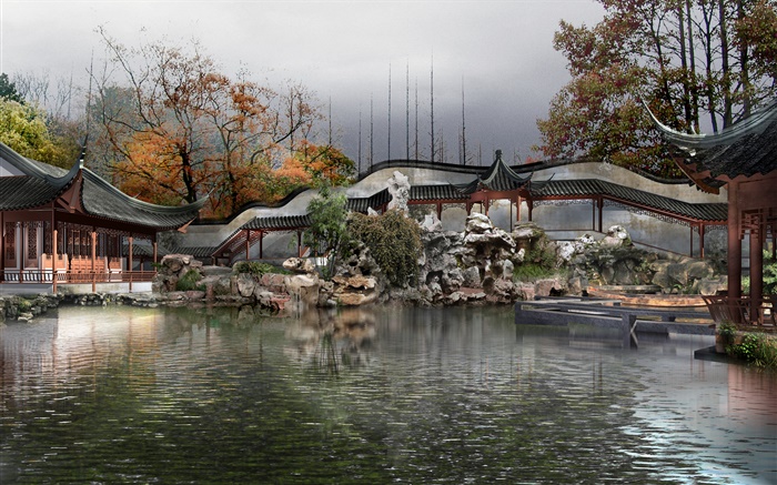 3D 공원 디자인, 호수, 정자, 나무, 가을 배경 화면 그림