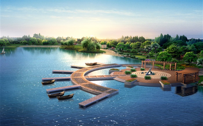 3D 공원 디자인, 렌더링, 부두, 보트, 나무, 호수 배경 화면 그림