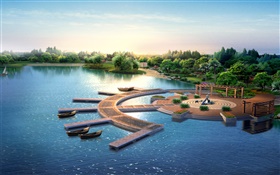 3D 공원 디자인, 렌더링, 부두, 보트, 나무, 호수 HD 배경 화면