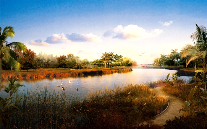 풍경, 강, 잔디, 조류, 야자수, 일몰 3D 렌더링 배경 화면 그림