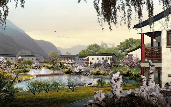 , 공원, 연못, 집, 파빌리온 3D 렌더링 배경 화면 그림