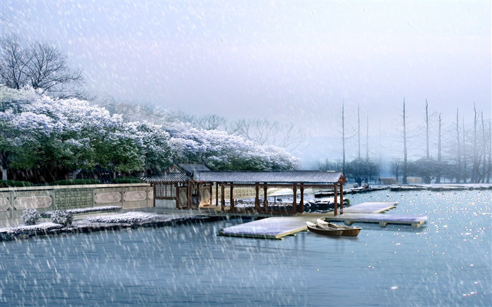 풍경, 독, 겨울, 눈, 나무, 강, 3D 렌더링 배경 화면 그림