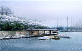 풍경, 독, 겨울, 눈, 나무, 강, 3D 렌더링 HD 배경 화면