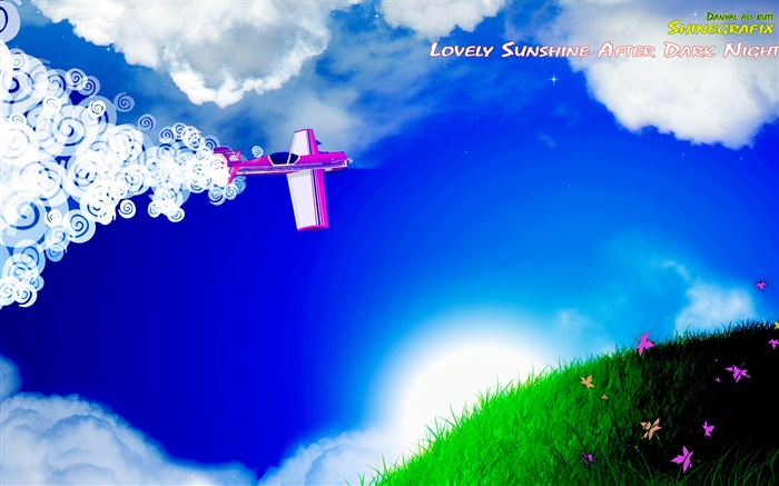 항공기, 구름, 잔디, 꽃, 태양, 창조적 인 디자인 배경 화면 그림