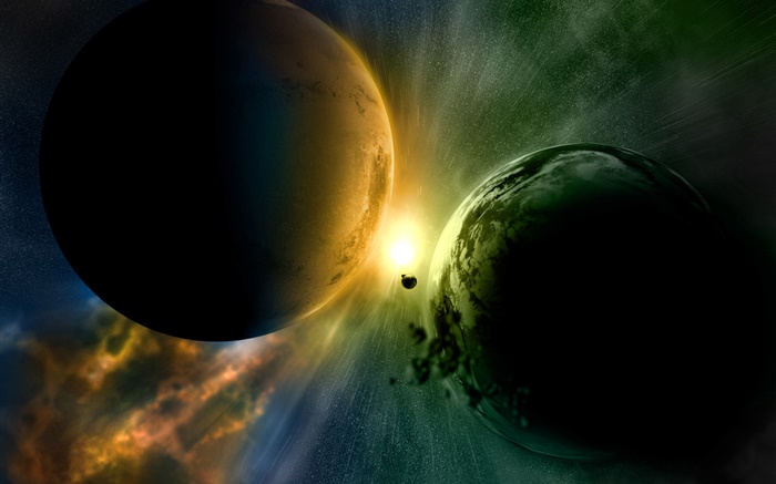 두 행성의 임박한 충돌, 빛 배경 화면 그림