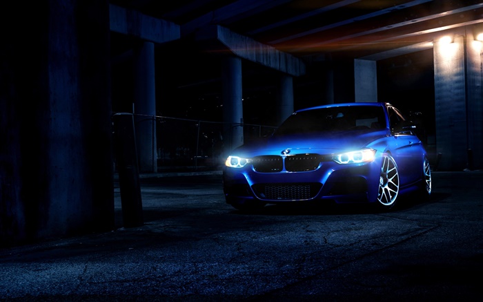 밤, 조명에 BMW 블루 자동차 배경 화면 그림