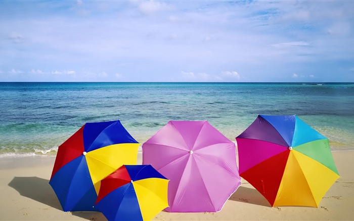 비치, 우산, 다채로운, 여름 배경 화면 그림