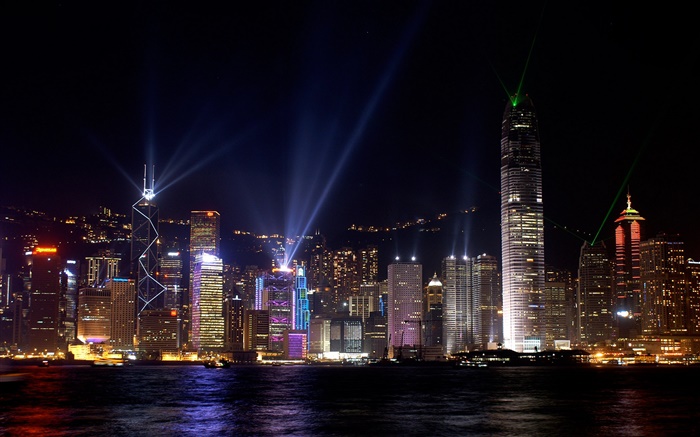 아름다운 홍콩, 도시의 밤, 고층 빌딩, 조명, 바다 배경 화면 그림