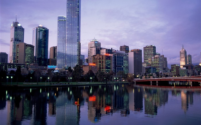 아름다운 도시, 황혼, 강, 다리, 건물, 호주 배경 화면 그림