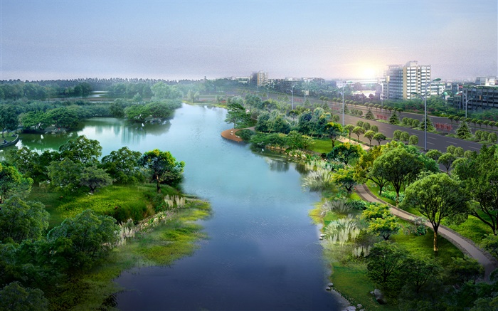 아름다운 도시 공원, 3D 디자인, 강, 나무, 도로, 주택 배경 화면 그림