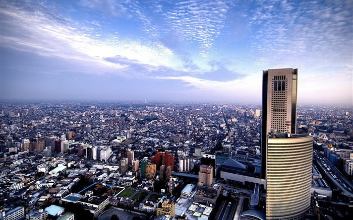 아름다운 도시, 탑 뷰, 고층 빌딩, 푸른 하늘, 구름 배경 화면 그림