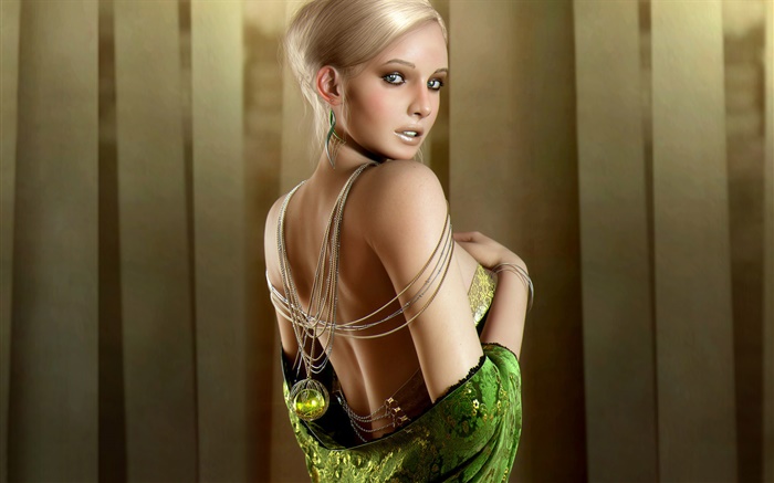 아름다운 판타지 소녀, 금발, 녹색 눈, 돌아 보면 배경 화면 그림