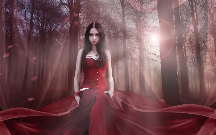 아름다운 판타지 소녀, 빨간 드레스, 숲, 태양 배경 화면 그림