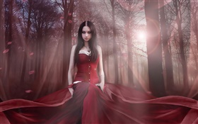 아름다운 판타지 소녀, 빨간 드레스, 숲, 태양 HD 배경 화면