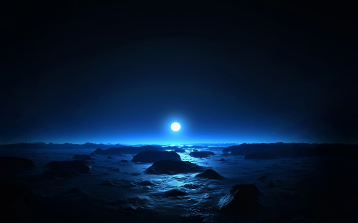 아름 다운 밤, 바다, 해안, 달, 푸른 스타일 배경 화면 그림