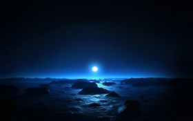 아름 다운 밤, 바다, 해안, 달, 푸른 스타일 HD 배경 화면