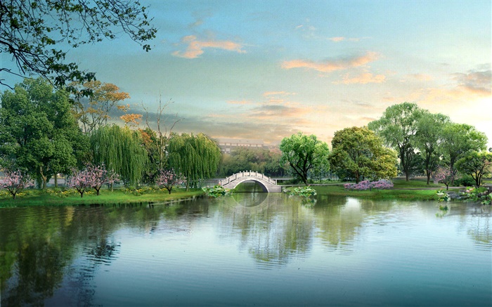 아름다운 공원 호수, 다리, 나무, 3D 설계 배경 화면 그림